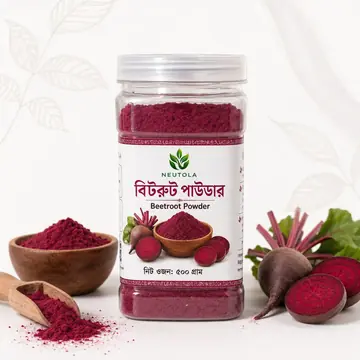 Neutola Beetroot Powder 500g transparent jar with raw beetroot slices and purple powder
