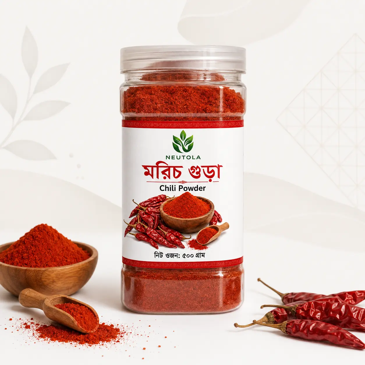Neutola Chili Powder 500g plastic jar with red chili powder label