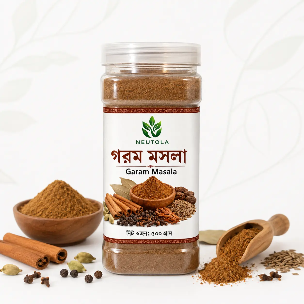 Neutola Garam Masala 500g clear jar with whole spices scattered around