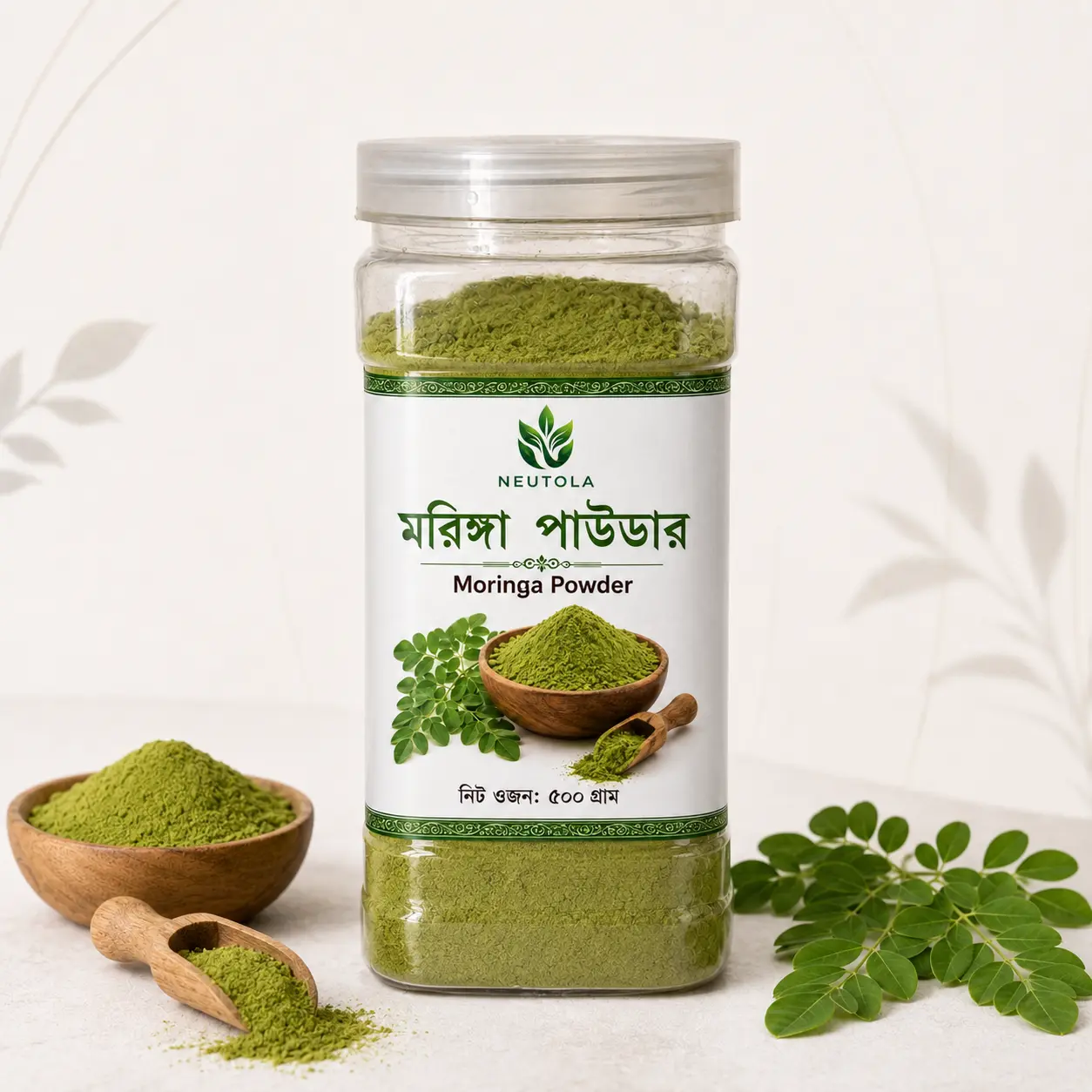 Neutola Moringa Powder 500g jar with wooden bowl and fresh moringa leaves